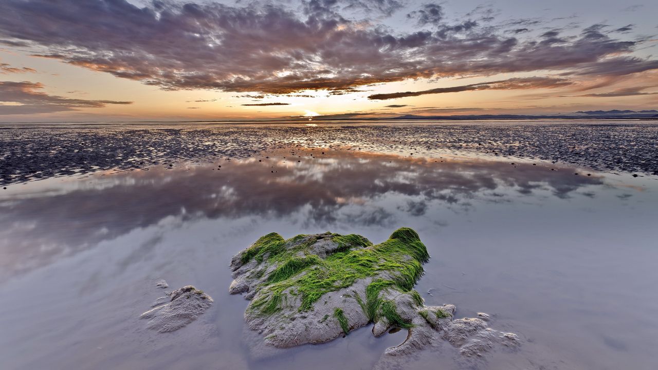 Wallpaper reeves, stone, moss, outflow, evening, twilight, pool, water, clouds, sky