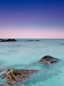 Preview wallpaper reeves, water, azure, horizon, line, stones, sky, dark blue, morning