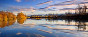 Preview wallpaper reflection, clouds, autumn, water, lake, trees, smooth surface