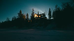 Preview wallpaper refuge, night, starry sky, forest