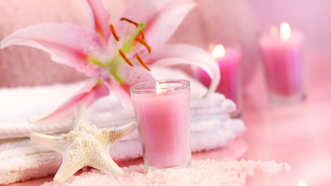 Wallpaper relax, beauty, candle, towel, flower, pink, relaxation