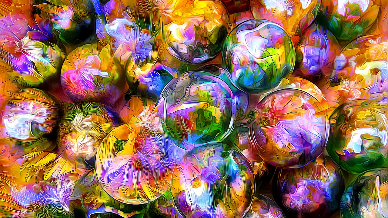 Wallpaper rendering, balls, blurred, petals, reflection