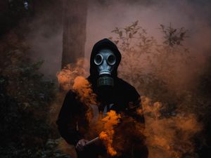 Preview wallpaper respirator, hood, color bump, smoke, forest