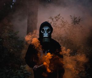 Preview wallpaper respirator, hood, color bump, smoke, forest