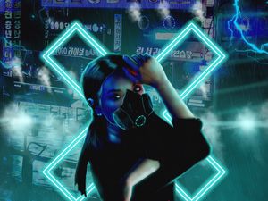 Preview wallpaper respirator, mask, neon, girl