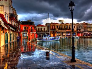 Preview wallpaper rethymno, greece, night, beach, cafes, street, hdr