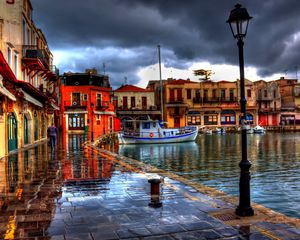 Preview wallpaper rethymno, greece, night, beach, cafes, street, hdr