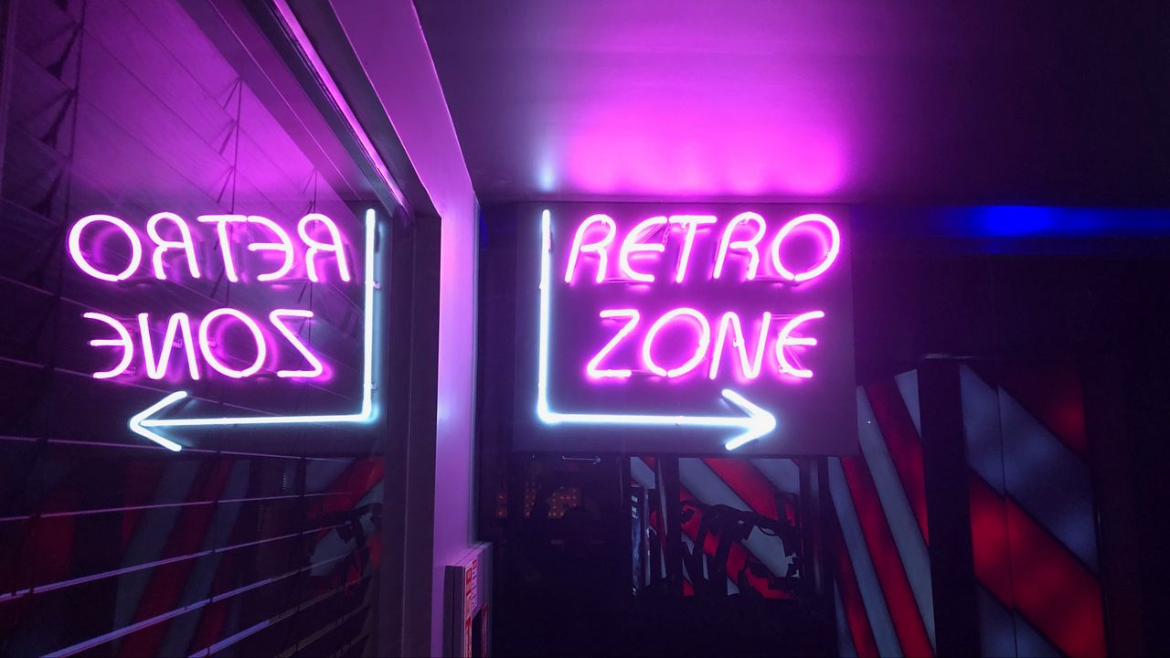 Wallpaper retro, zone, neon, arrow, sign