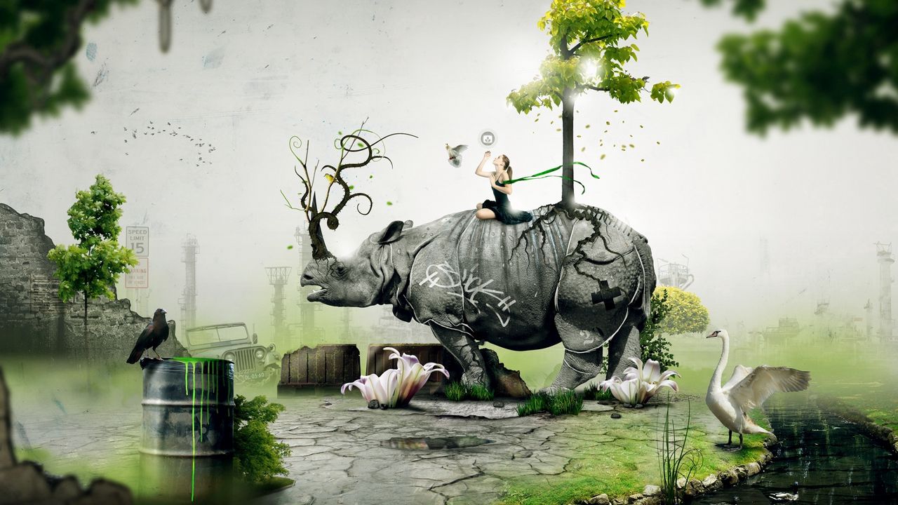 Wallpaper rhino, girl, nature, birds, situation, forest