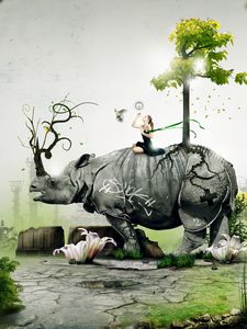Preview wallpaper rhino, girl, nature, birds, situation, forest