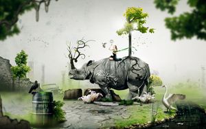 Preview wallpaper rhino, girl, nature, birds, situation, forest