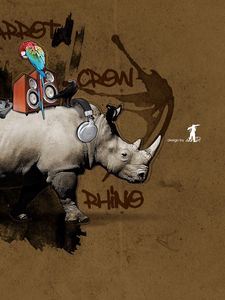Preview wallpaper rhino, parrot, colorful, pictures, columns, setting