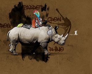 Preview wallpaper rhino, parrot, colorful, pictures, columns, setting