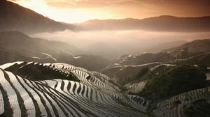 Preview wallpaper rice fields, mountains, fog