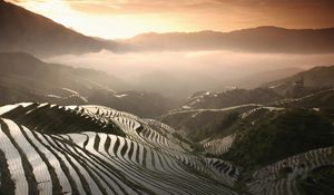 Preview wallpaper rice fields, mountains, fog