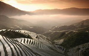 Preview wallpaper rice fields, mountains, fog