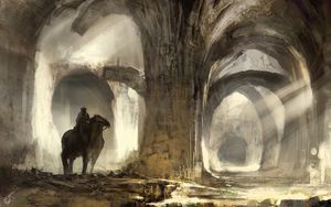 Preview wallpaper rider, horse, silhouettes, ruins, art