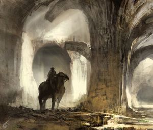 Preview wallpaper rider, horse, silhouettes, ruins, art