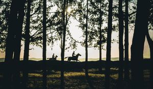 Preview wallpaper riders, silhouettes, forest, sunset, landscape, trees, horses