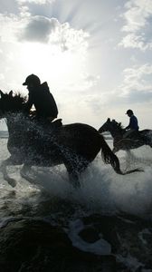 Preview wallpaper riding, horses, splashes, silhouettes, sun