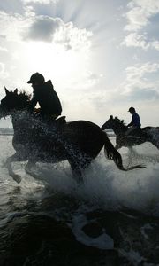 Preview wallpaper riding, horses, splashes, silhouettes, sun