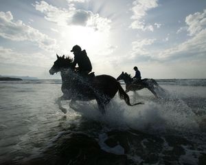 Preview wallpaper riding, horses, splashes, silhouettes, sun