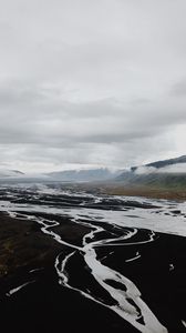 Preview wallpaper river, aerial view, landscape, valley, mountains, clouds