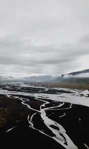 Preview wallpaper river, aerial view, landscape, valley, mountains, clouds