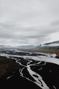Preview wallpaper river, aerial view, landscape, valley, mountains, clouds