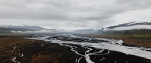 Preview wallpaper river, aerial view, landscape, valley, mountains, clouds