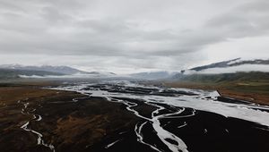 Preview wallpaper river, aerial view, landscape, valley, mountains, clouds