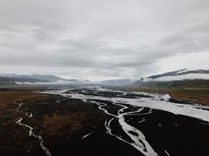 Preview wallpaper river, aerial view, landscape, valley, mountains, clouds