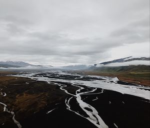 Preview wallpaper river, aerial view, landscape, valley, mountains, clouds
