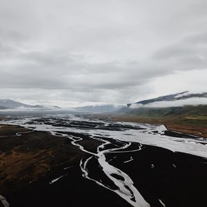 Preview wallpaper river, aerial view, landscape, valley, mountains, clouds