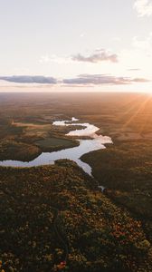 Preview wallpaper river, aerial view, trees, forest, sunset, horizon
