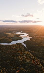 Preview wallpaper river, aerial view, trees, forest, sunset, horizon