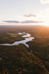 Preview wallpaper river, aerial view, trees, forest, sunset, horizon