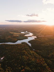 Preview wallpaper river, aerial view, trees, forest, sunset, horizon