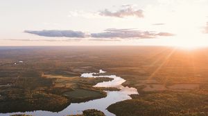 Preview wallpaper river, aerial view, trees, forest, sunset, horizon