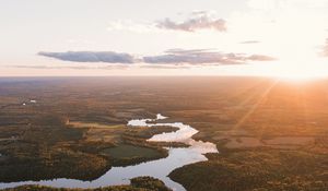 Preview wallpaper river, aerial view, trees, forest, sunset, horizon