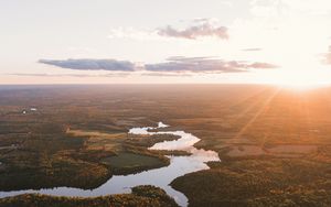 Preview wallpaper river, aerial view, trees, forest, sunset, horizon