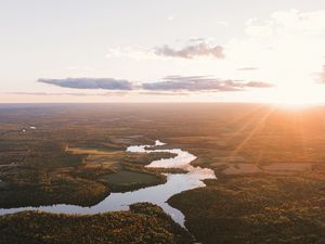 Preview wallpaper river, aerial view, trees, forest, sunset, horizon