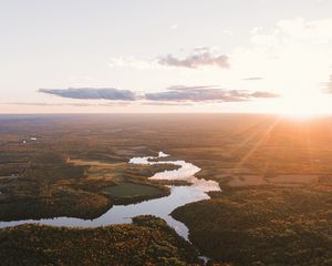 Preview wallpaper river, aerial view, trees, forest, sunset, horizon