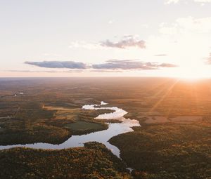 Preview wallpaper river, aerial view, trees, forest, sunset, horizon