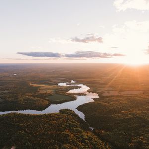 Preview wallpaper river, aerial view, trees, forest, sunset, horizon