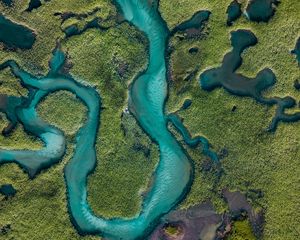 Preview wallpaper river, aerial view, winding, overview, height