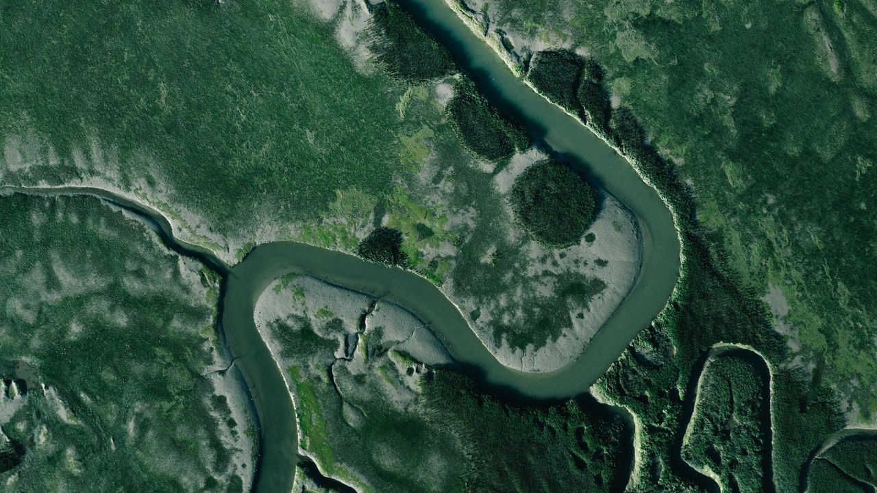 Wallpaper river, aerial view, winding, grass