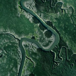 Preview wallpaper river, aerial view, winding, grass