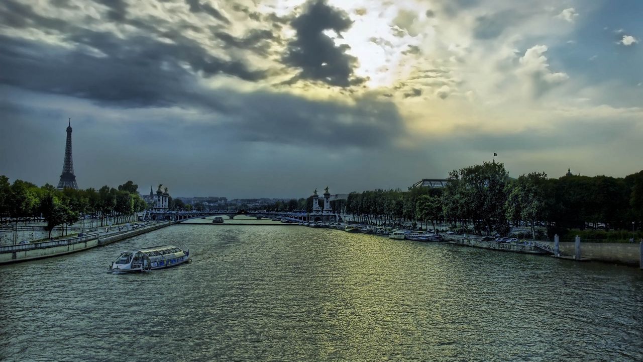 Wallpaper river, bank, eiffel tower, sky, evening, france, paris, hdr