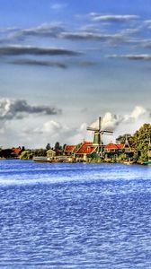 Preview wallpaper river, bank, mill, sky, hdr